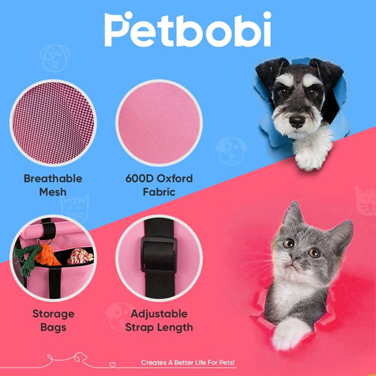 Petofi Dog Car Booster Seat – Portable, Breathable Carrier with Safety Leash & PVC Support (Pink)