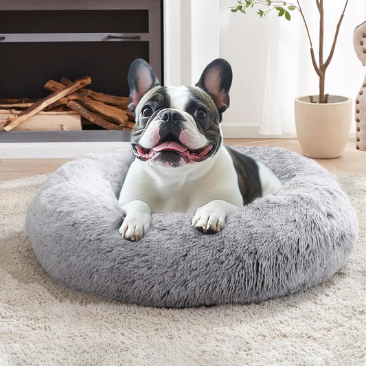 Calming Dog & Cat Bed for Small Dogs, Anti-Anxiety Donut Cuddler Cozy Soft Round Bed with Anti-Slip Bottom, Fluffy Faux Fur Plush Cushion Beds for Small Medium Pets