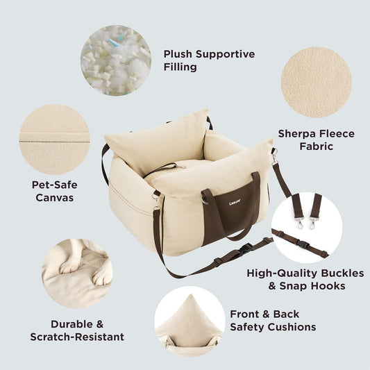 Leisure Small Dog Car Seat – Waterproof Booster with Memory Foam & Safety Leash (Beige)