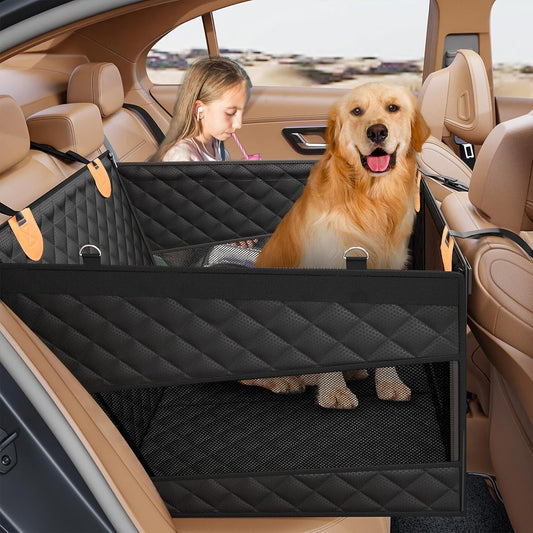 Back Seat Extender for Dogs with 3 Mesh Windows, Waterproof Medium Carseat for Dogs with Hard Bottom, Pet Seat Cover for Cars, Trucks and SUVs
